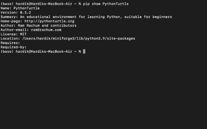 تثبيت الناجح لمكتبة Python Turtle